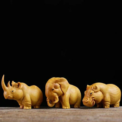 Dwellivia Wooden Animal Sculpture – “Africa’s Three Treasures” Carved Boxwood Elephant, Hippo & Rhino Ornaments